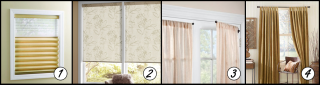 Majic Window provides examples of pleated shades, roller shades, panels on swing-arm rods, and tab-top panels.